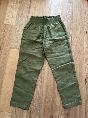 Emme Mama Maternity Smocked Linen Pant in olive green, size medium